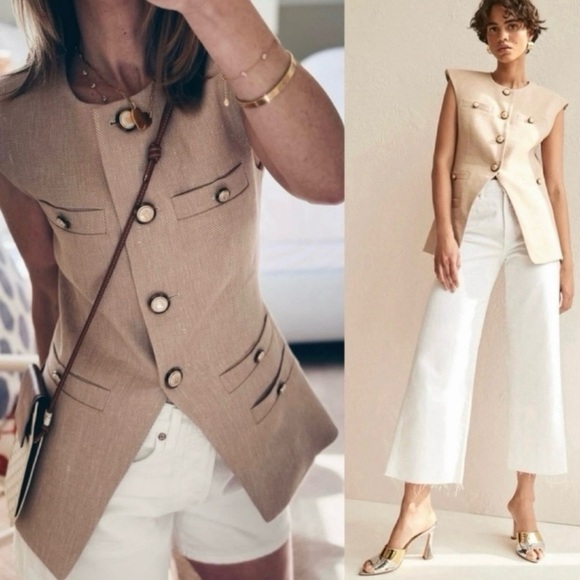 NWOT Veronica Beard Tamara Linen Blend Vest Sandalwood Melange Size 0/XS - Picture 6 of 12